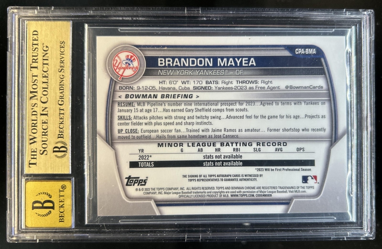 2023 Bowman Chrome Brandon Mayea Auto Yellow Refractor 1st #/75 BGS 9.5/10 view 2