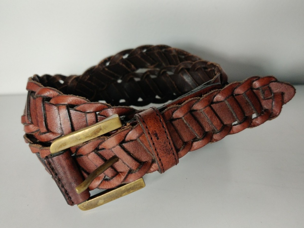 Vintage Brown Leather Woven Belt Solid Brass Buckle Unisex Size S/M
