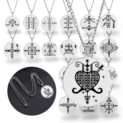 Silver Voodoo Veve Symbols Necklace    Afro-Caribbean Vodou Jewelry Loa Amulet