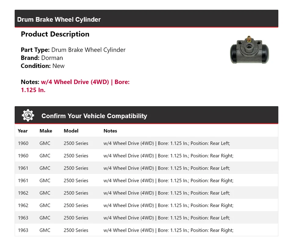 Cilindro de rueda de freno de tambor Dorman serie 2500 GMC 1960-1963 1961 1962 Foto 2 de 3