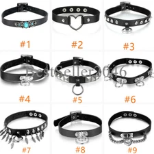 Punk Gothic Black Leather Belt Choker Bib Necklace Men Women Rivet Spike Collar