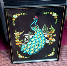 RARE 1970s 16 X 13" Framed Needlepoint Crewel Gorgeous Peacock in Garden*Vintage