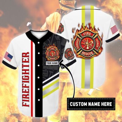 Personalized Custom Name Firefighter Pattern Baseball Tee Jersey Shirt Shirt Gif