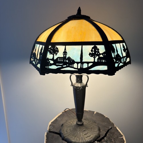 Antique Miller Lamp Scenic Slag Glass Table Lamp H 21”