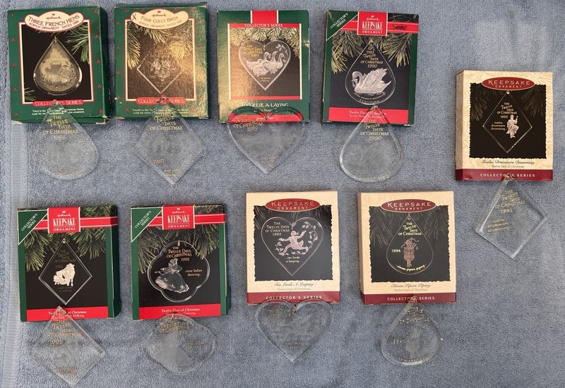 Hallmark Twelve Days of Christmas Ornaments 9 Total 1986-87, 1989-95 Acrylic