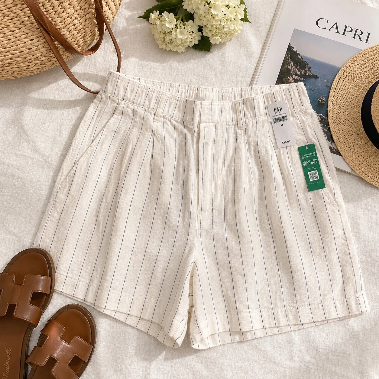 Gap Linen Blend Shorts 14 NWT Blue Stripe Coastal Summer Resort
