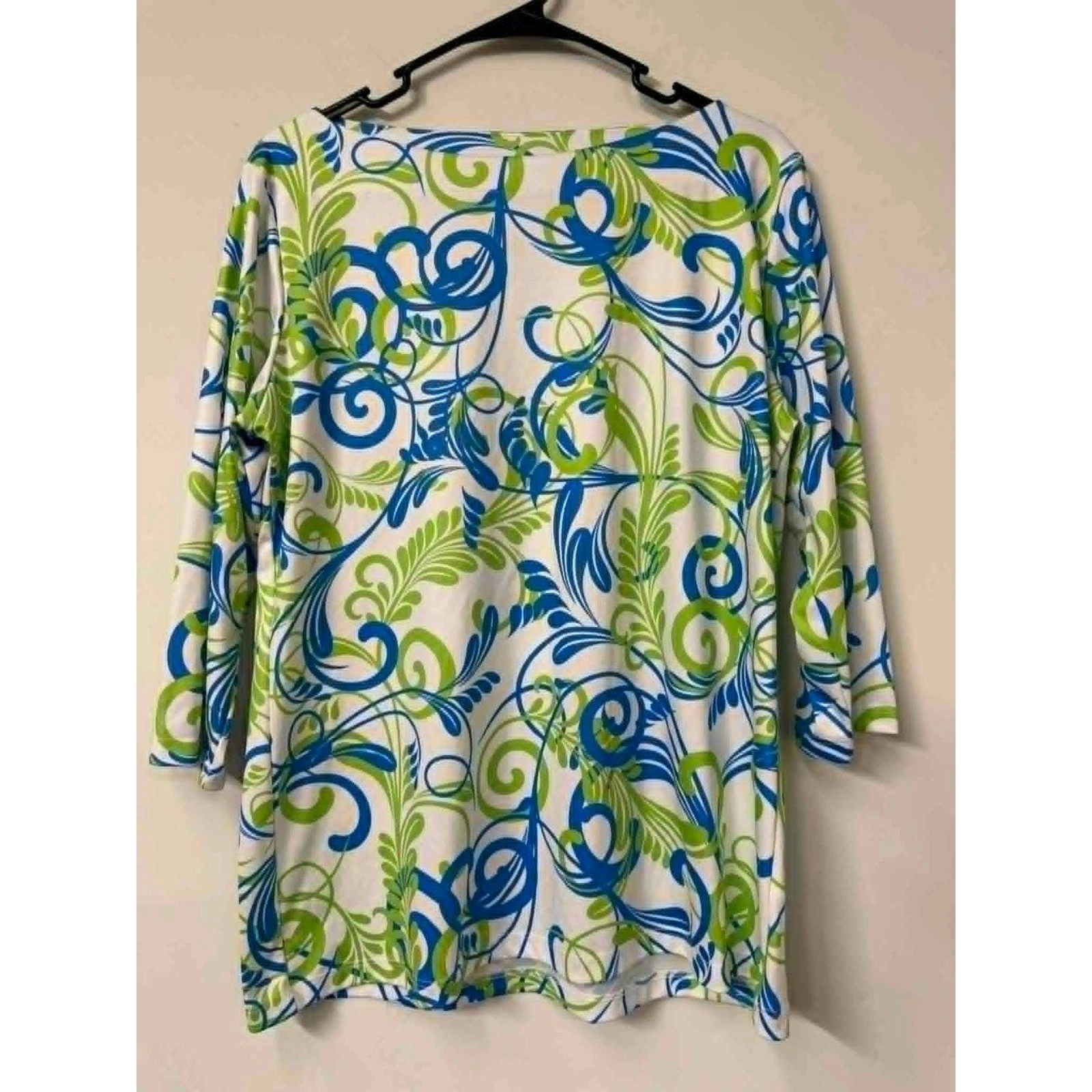 Whimsy Rose Women XL Blue Green Floral Boatneck 3/4 Sleeve UPF Safe Sun Top
