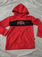 PUMA Boys Pullover Hoodie Red Black Small 7/8 Long Sleeve Logo Hooded Sweatshirt