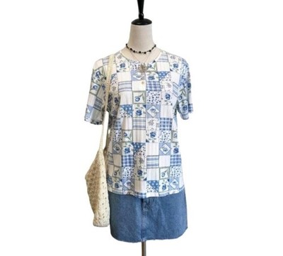 Vintage 90s Classic Elements Top Womens Medium Blue Patchwork Floral Blouse