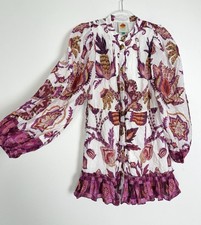 FARM Rio Dress Sunset Tapestry White Purple Mini Balloon Sleeve Women’s Small