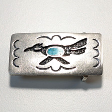 Vintage Unisex Belt Buckle Taxco Sterling Silver Roadrunner Bird W/ Turquoise