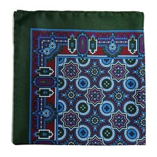 Blue Green Geometric Medallion Silk Pocket Square Handmade in England