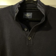 American Eagle Men's 1/4 Button Mock Neck Classic Fit Sweater Navy Blue Large