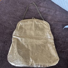 Vtg Gold Evening Bag Purse Shiny Kisslock Clasp With Chain Striped Vinyl Lining