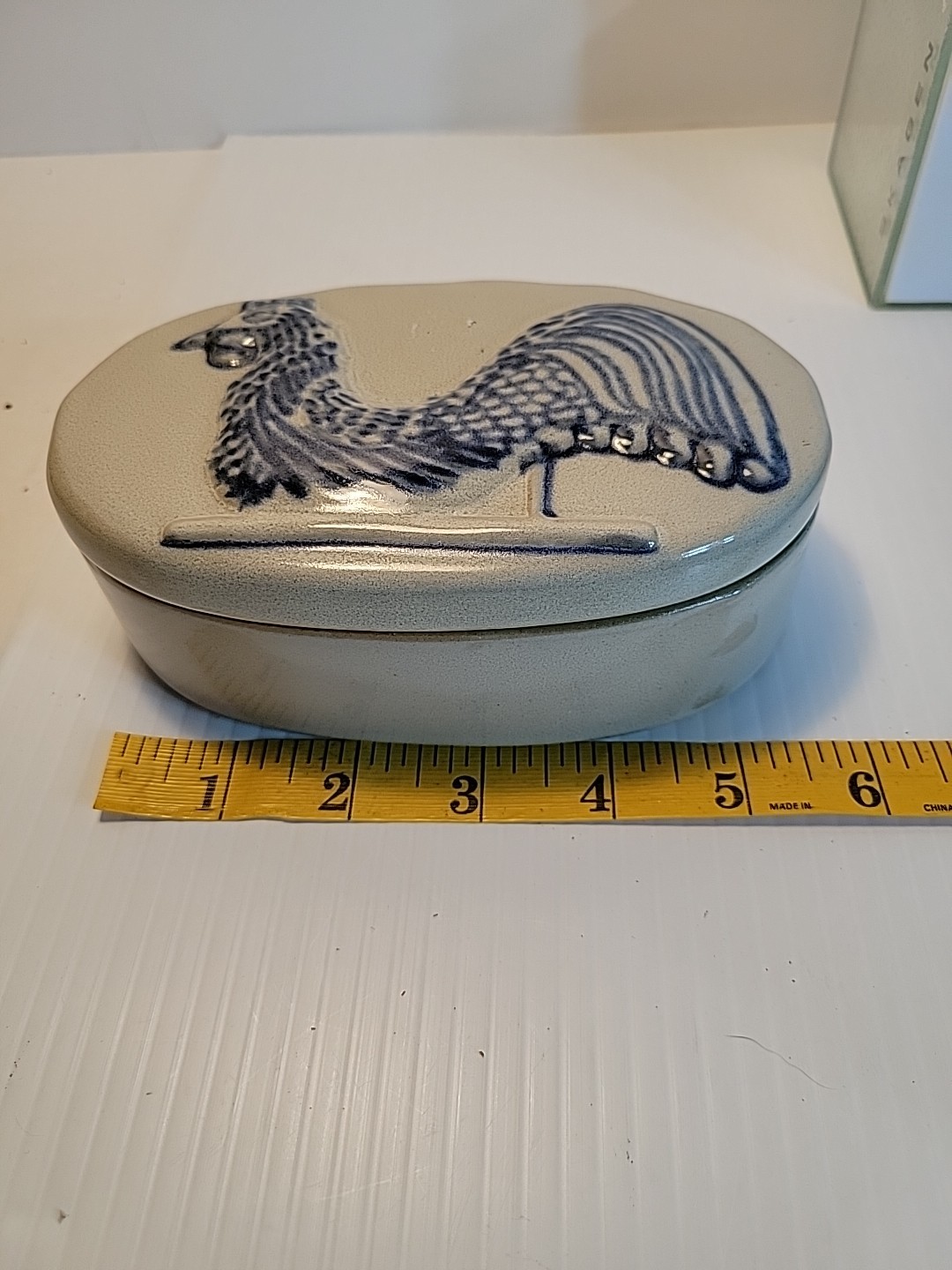  Prestige Place Rooster   Ceramic Box  Museum American Folk Art Blue Salt Glaze