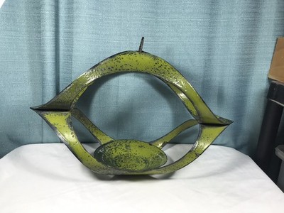 MCM Hanover of Pasedena Green Enamel Brutalist Metal Hanging Candle Plant Holder