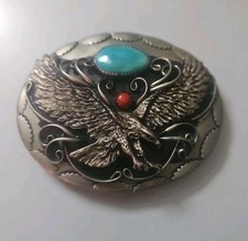 Vintage Southwestern Belt Buckle W/Flying Eagle- German Silver Genuine Turquoise