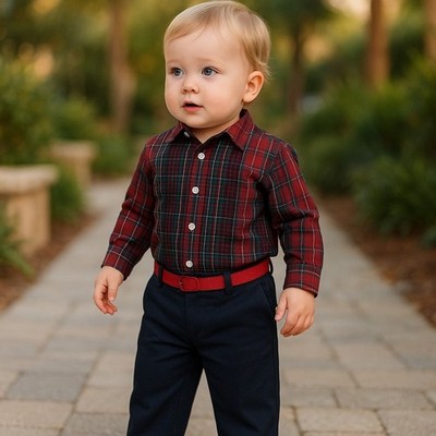 Chaps Boys Outfit Size 6 Months Navy Blue Red Plaid Shirt Pants NEW