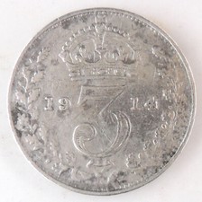 3d 1914 COIN KING GEORGE V 925 STERLING SILVER THREE PENCE THREEPENNY PIECE