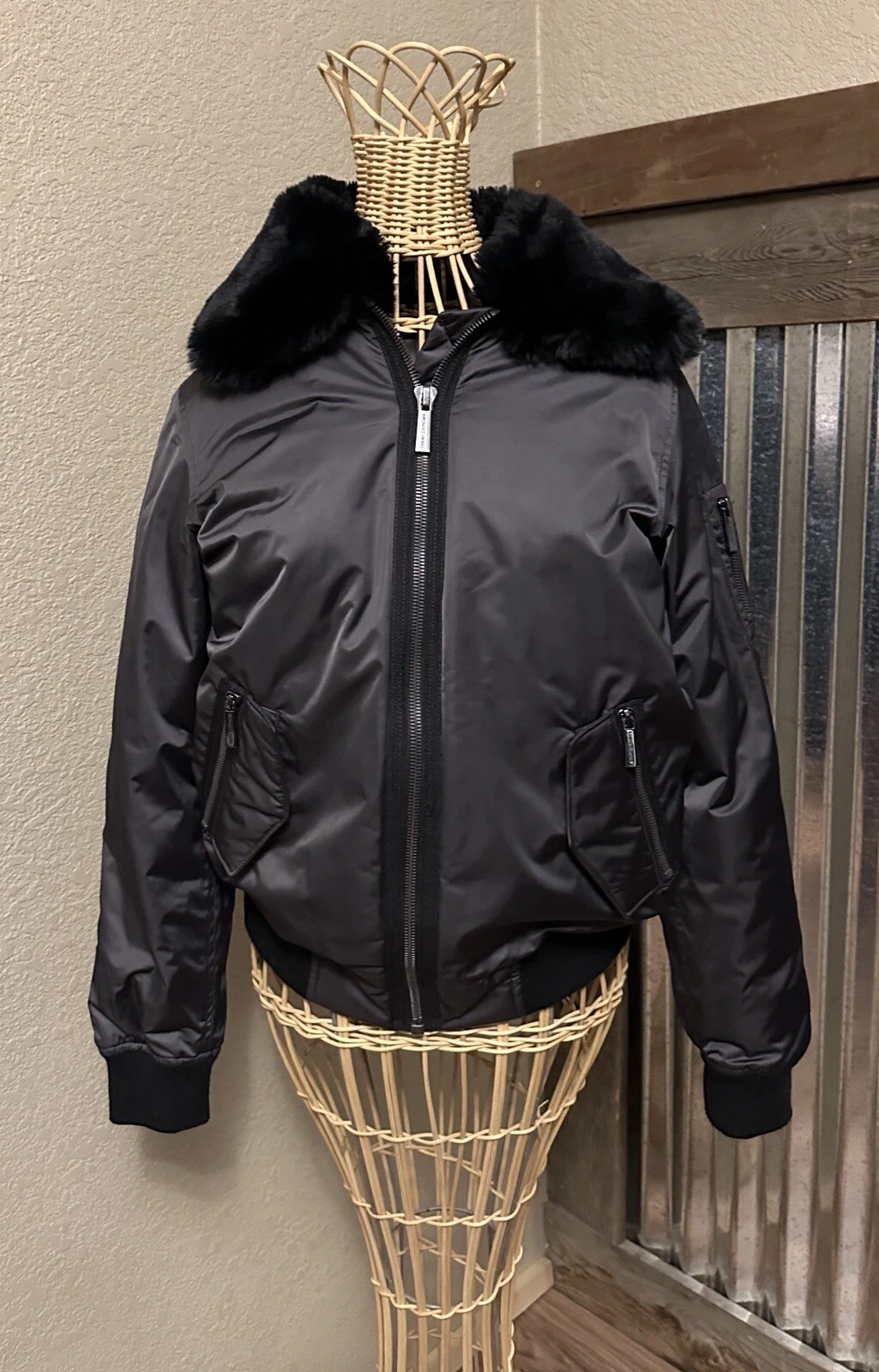 MICHAEL KORS donna XS grigio bomber giacca volo pelliccia sintetica collo zip cappotto