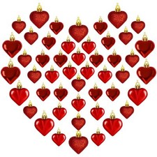 48PCS Heart Shaped Ornaments, Red Heart Shaped Ornaments, Valentines Heart Ha...