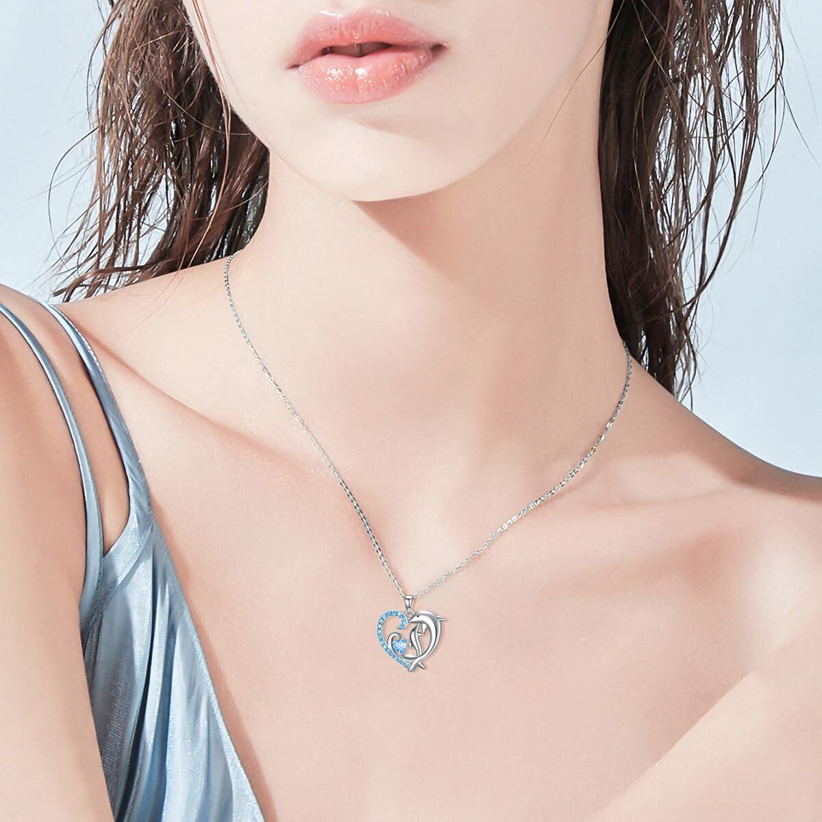 コレクション Forever Love Heart Two Dolphins 2013 Two Dolphins Love Heart Blue CZ Pendant Necklace Sterling
