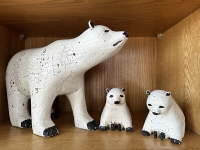 Wood Sculpture Polar Bear With Cubs Quebec Artist Michel Fortin