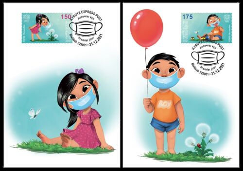 165.KYRGYZSTAN 2021 Set/2 Briefmarke Corna - Awareness, Maske, Kinder Helth - Afbeelding 1 van 2