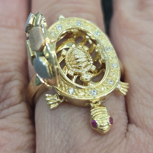 Big 14k yellow white rose gold good luck locket turtle ring size 6 7 8 9 10 - Picture 20 of 22