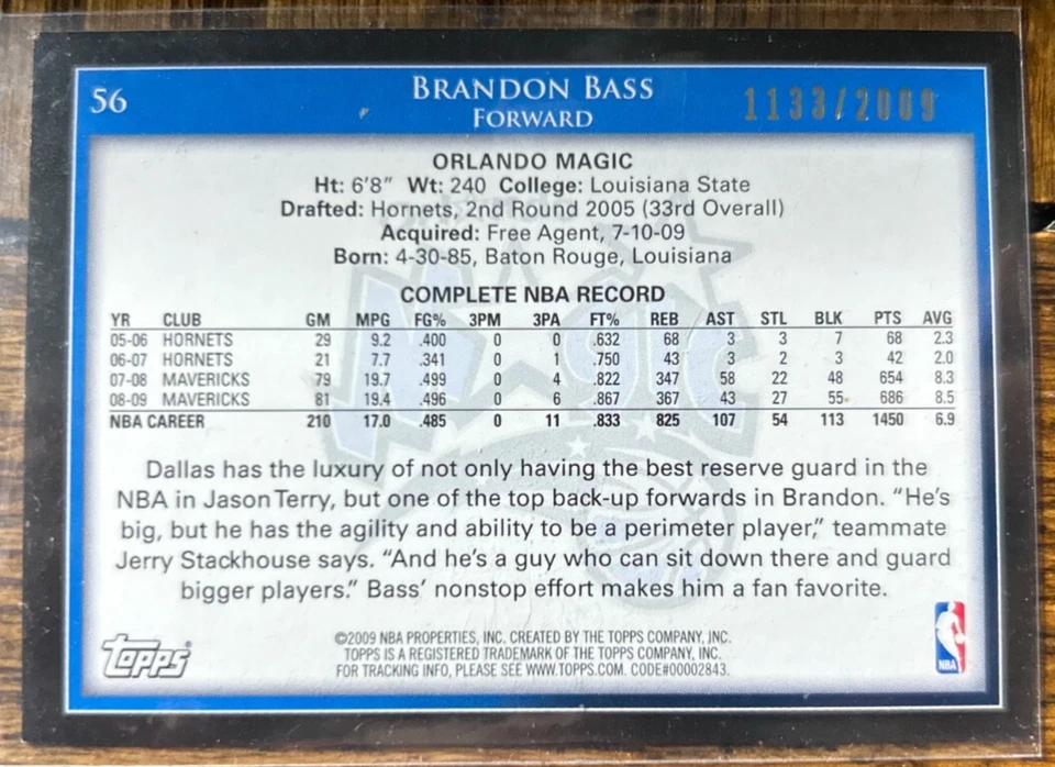 2009-10 Topps Gold /2009 Parallel #56 Brandon Bass Dallas Mavericks Magic - Image 2 of 2