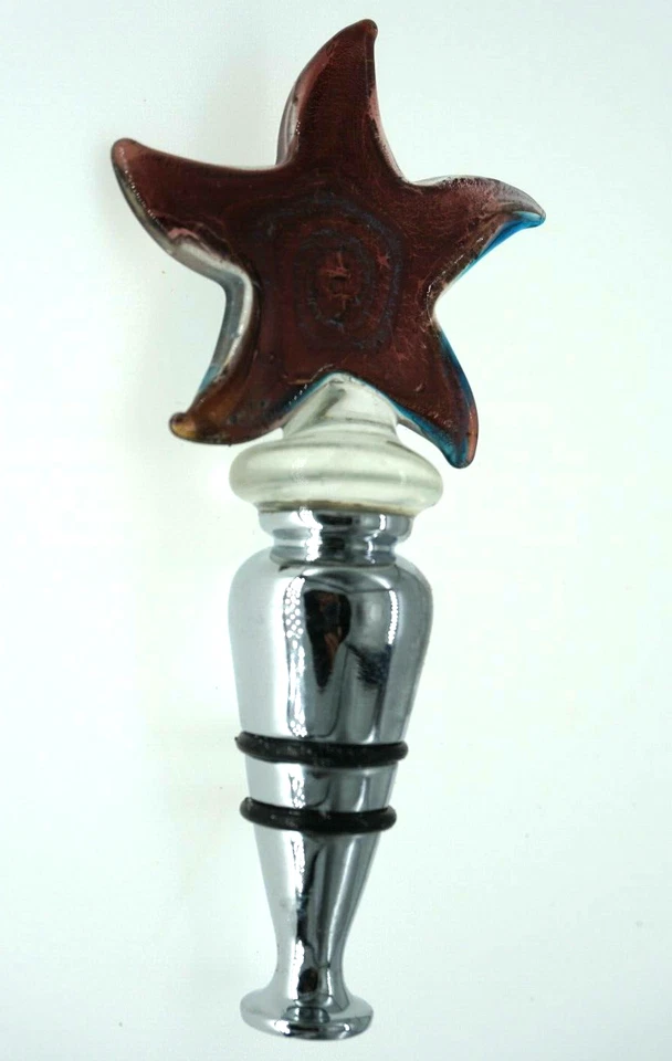 Dichroic Blue Pink Art Glass Star Fish Handmade Wine Bottle Stopper Chrome Base  - Image 4 of 4