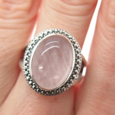 925 Sterling Silver Vintage Real Cabochon Rose Quartz Granulated Ring Size 7.25