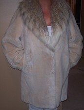 Dy Marfil Sheared Beaver Fur Coat 3/4 Length With Natural Lynx Collar Size L