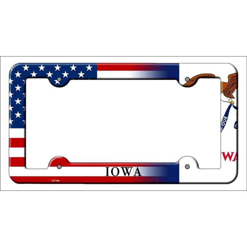 Showcase your pride with this Iowa American Flag metal license plate frame