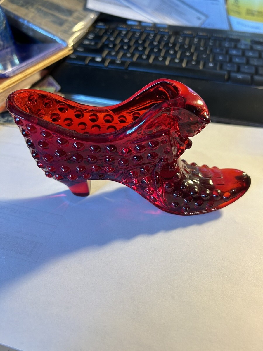 Vintage Fenton Art Glass Ruby Red Hobnail Cat Head Slipper