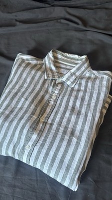 Massimo Dutti 100% Leinen Hemd Gestreift Oliv Grün Weiß Gr. XL Top
