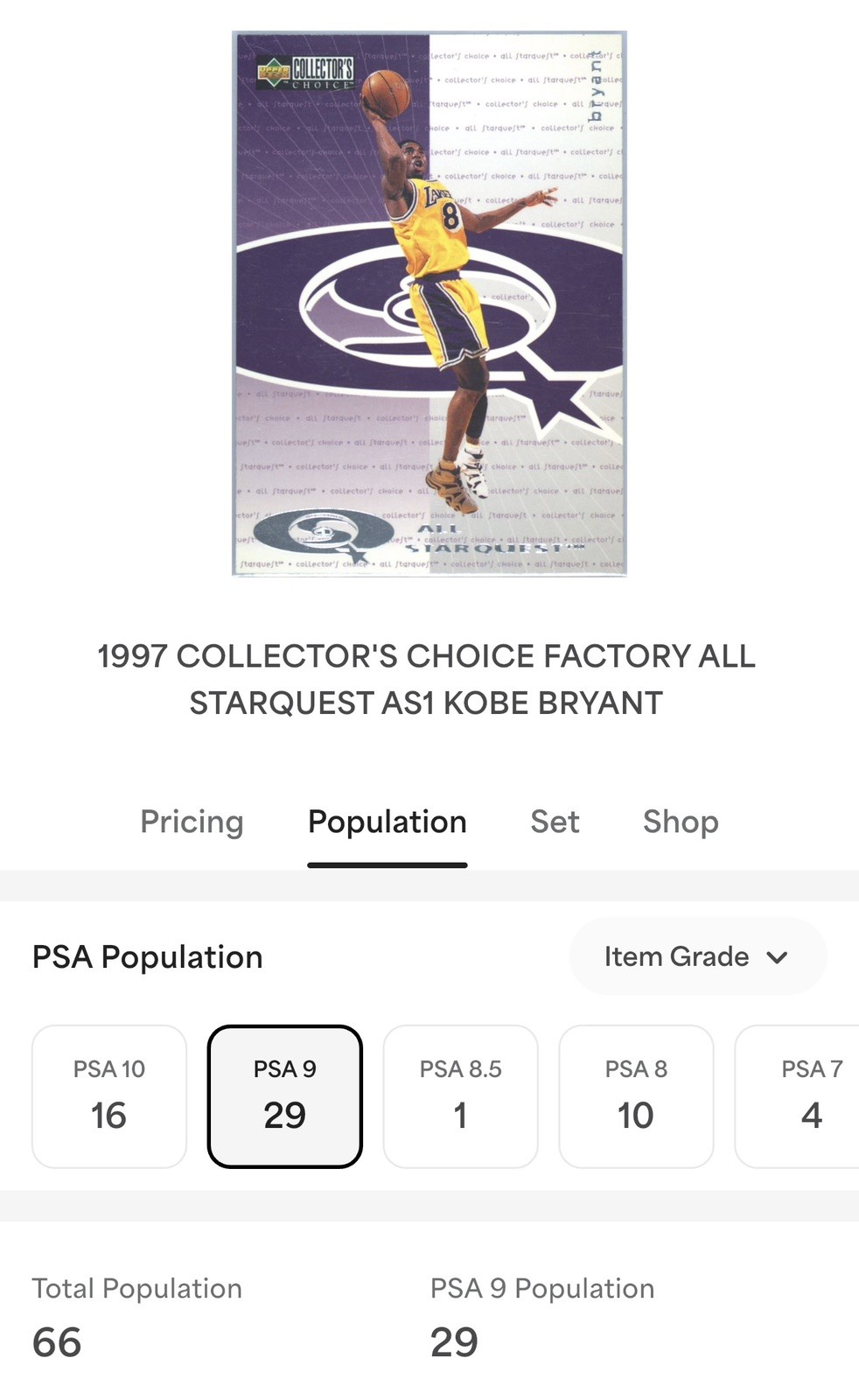1997 U.D Collectors Choice Kobe Bryant All Star Quest Lakers HOF PSA 9 (LOW POP) view 3