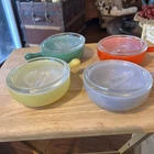 GLASBAKE GLASS CASSEROLE BOWL SET OF 4 W/LIDS - VINTAGE 1950's MCM