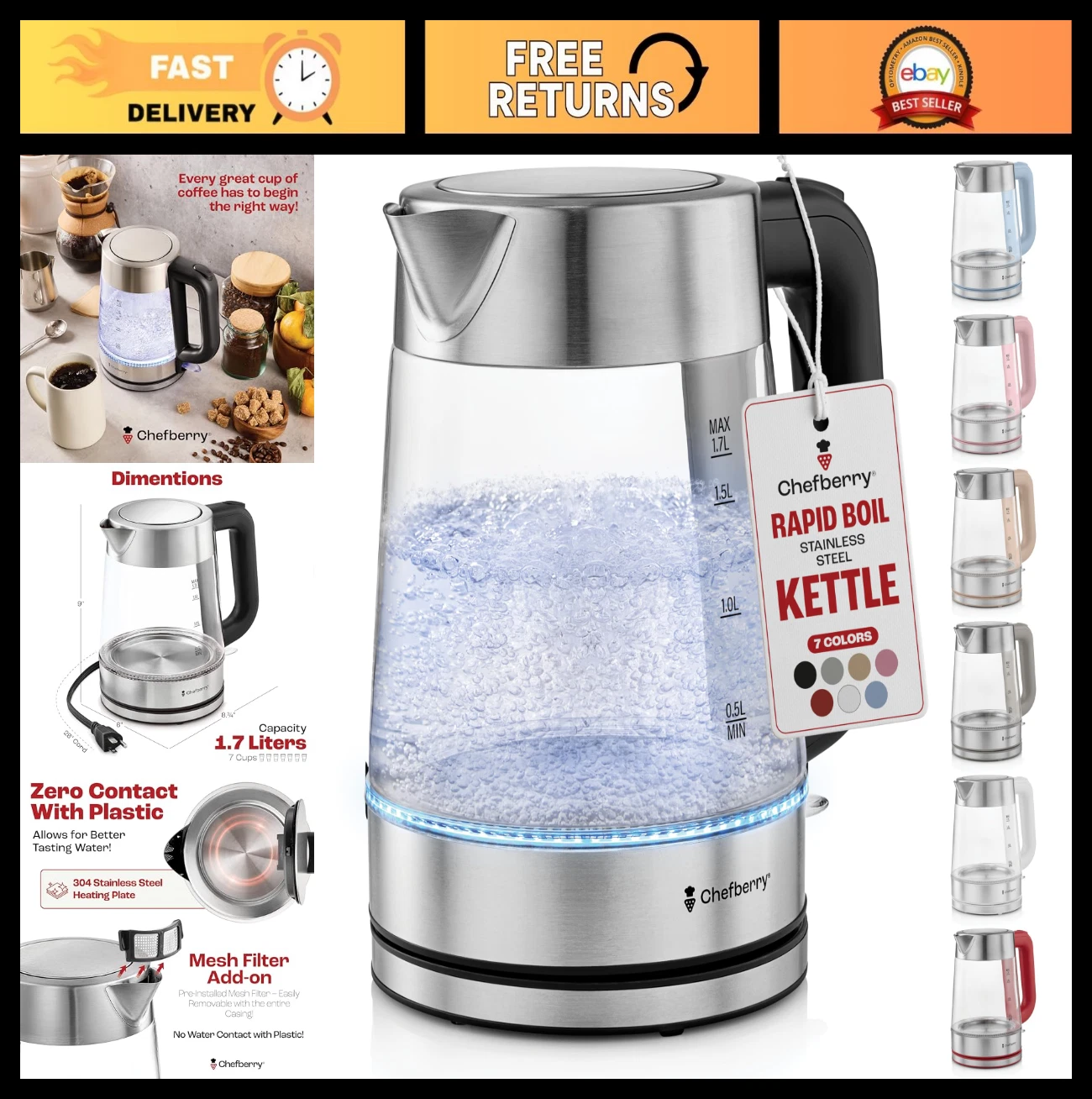 1.7L Electric Kettle for Hot Tea & Water - Stainless Steel, Borosilicate Glass,