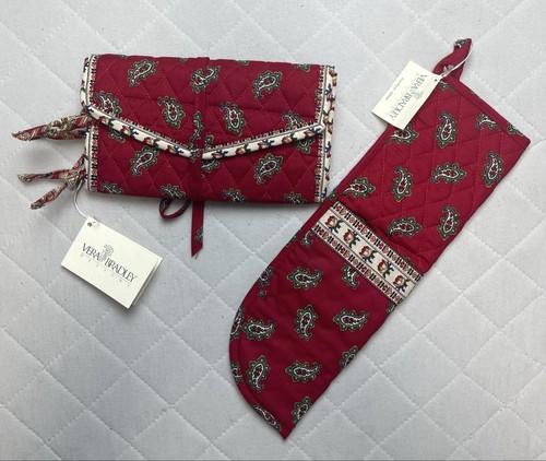 Vera Bradley Travel Jewelry Organizer Roll Iron Case Red Paisley Quilted Set