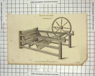 Original alter antiker Druck 1827 Tuch Wolle Spinnerei Jenny Rad Industrie