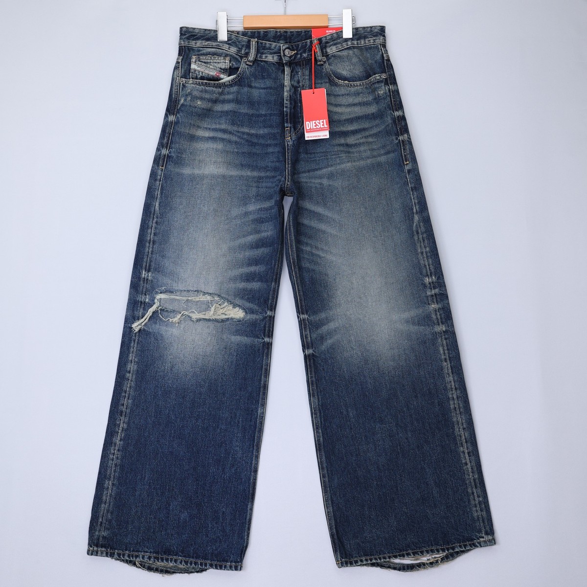 Diesel Mens Jeans D-Rise Trousers Wide Leg Low Rise Distressed