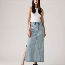 Levis Womens Classic Side Slit Raw Hem Light Blue Denim Jean Maxi Skirt Size 24