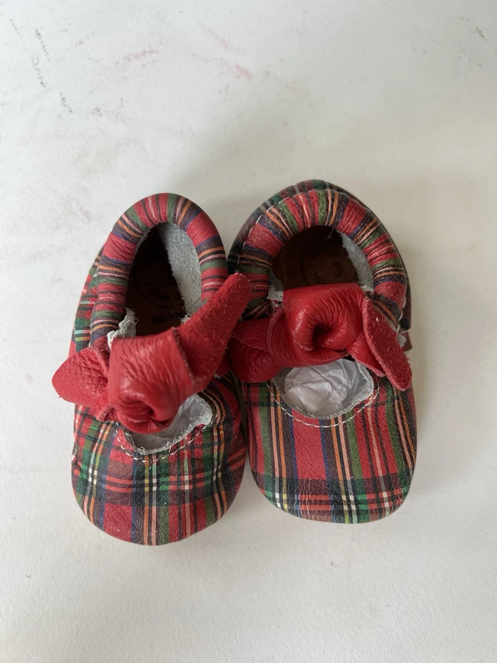 Freshly Picked Leather Christmas Plaid Knotted Bow Baby Shoes  - Image 2 of 4