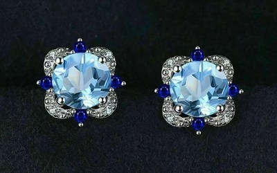 2 Carat Round Cut Halo Aquamarine Solitaire Stud Earrings 14K White Gold Finish