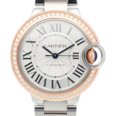 Cartier Ballon Bleu 3753 Diamond Bezel SS RG Ladies Automatic Watch 33mm