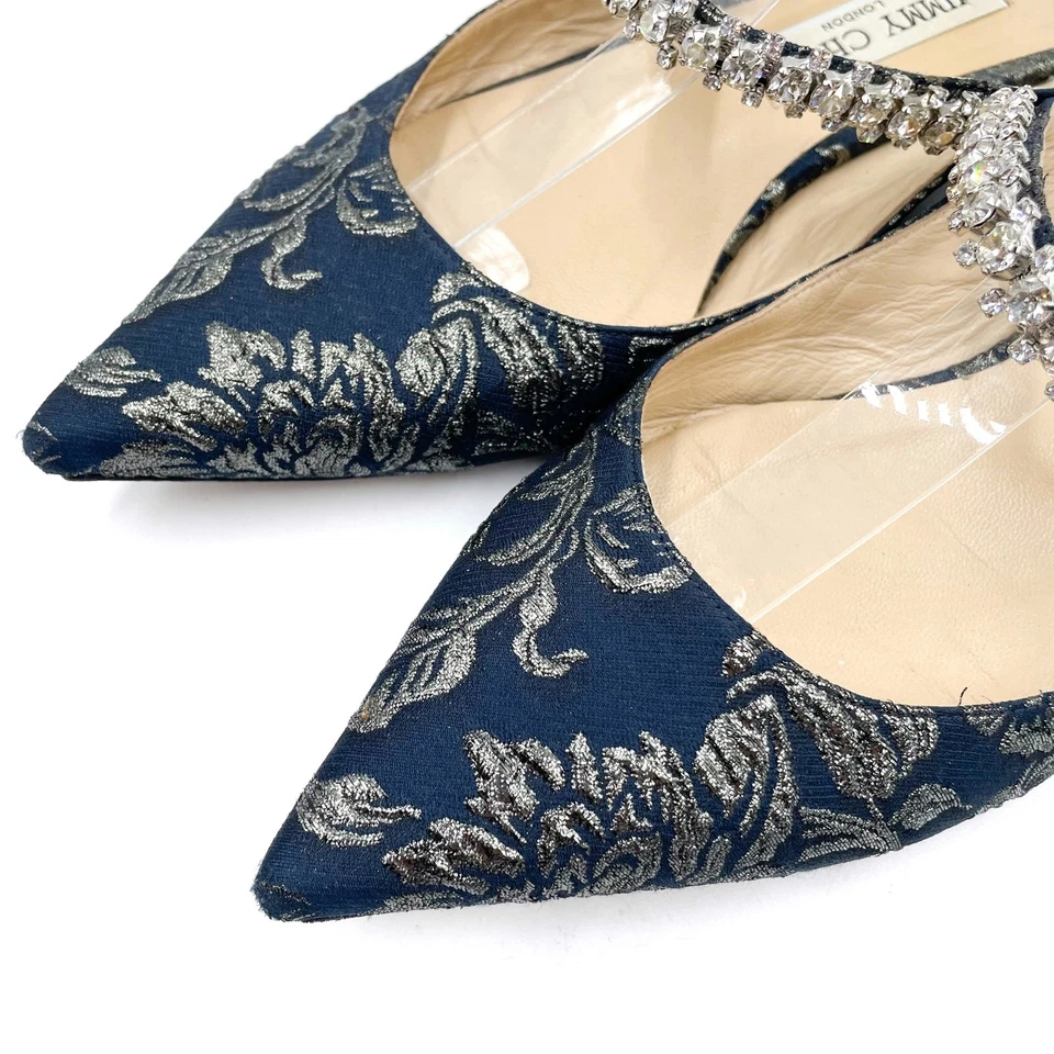 Jimmy Choo Bing Mules Jacquard Correa Plana Cristal Azul Floral Punta Talla 38/8 Foto 4 de 4