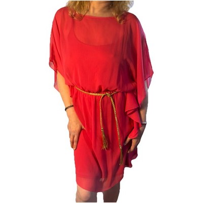 Red Shear Chiffon Dress Full Slip Gold Braided Belt Fairycore Disco Coquette