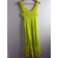 Urban Outfitters Neon Lime Green Smocked Tiered Midi Dress Womens M Boho Beach