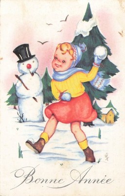 CP ILLUSTREE GOOD YEAR KLEINES MÄDCHEN SCHNEEBALLMÜTZE SCHNEEMANN 61966